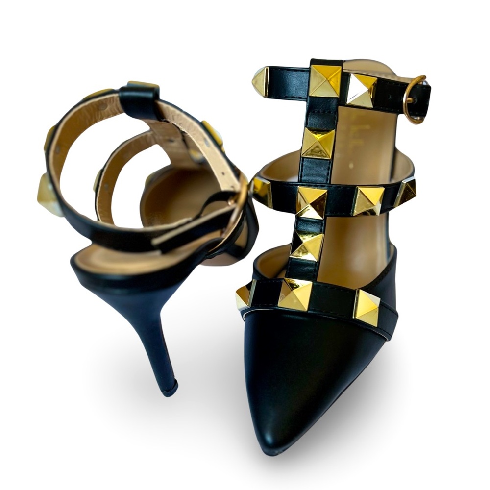 NEVER WORN Nicole Miller 7.5M black and gold leather heels